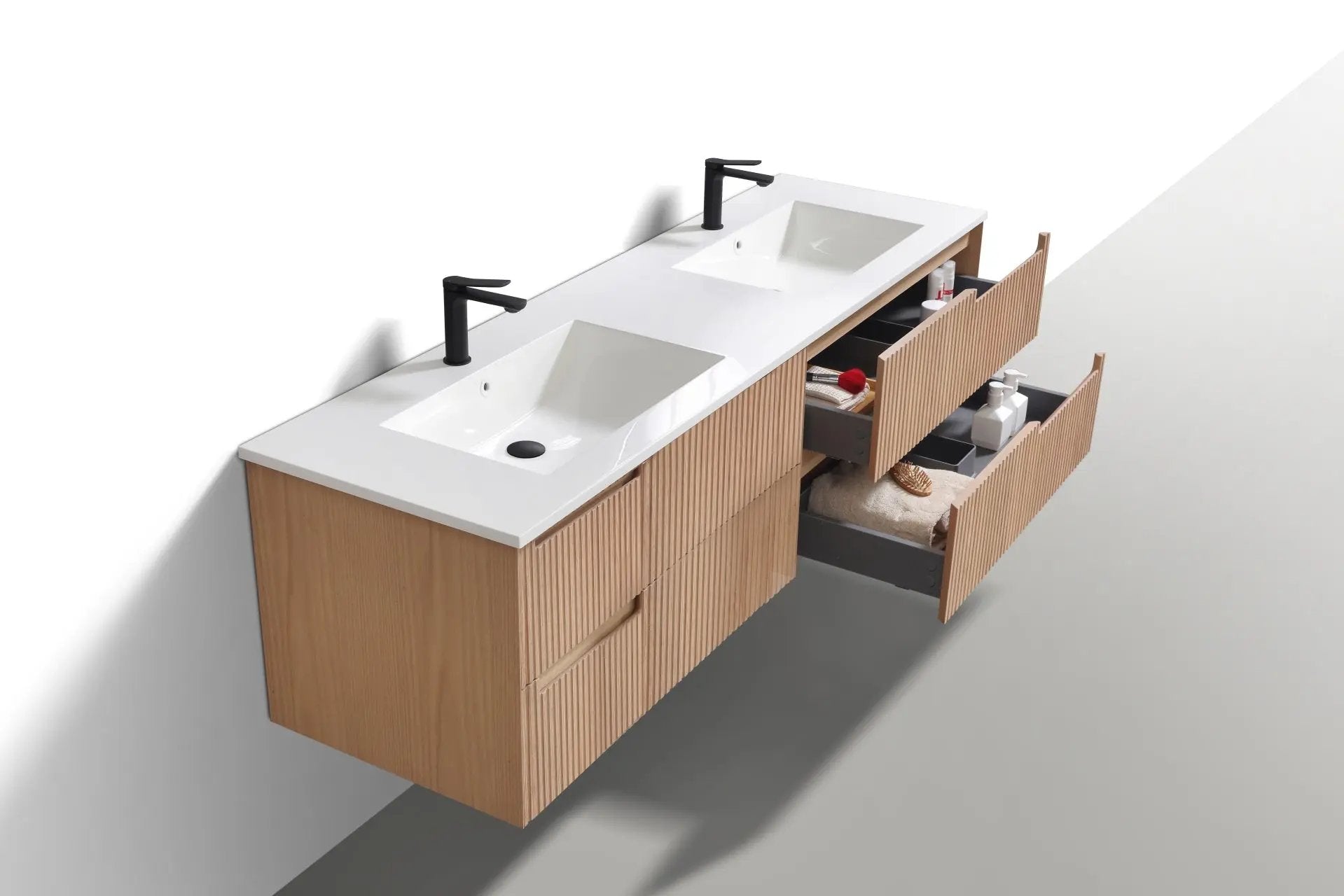 KubeBath 71.2” Fiore Modern Wall Mount Double Sink Bathroom Vanity – Oakwood - Plumbing Market
