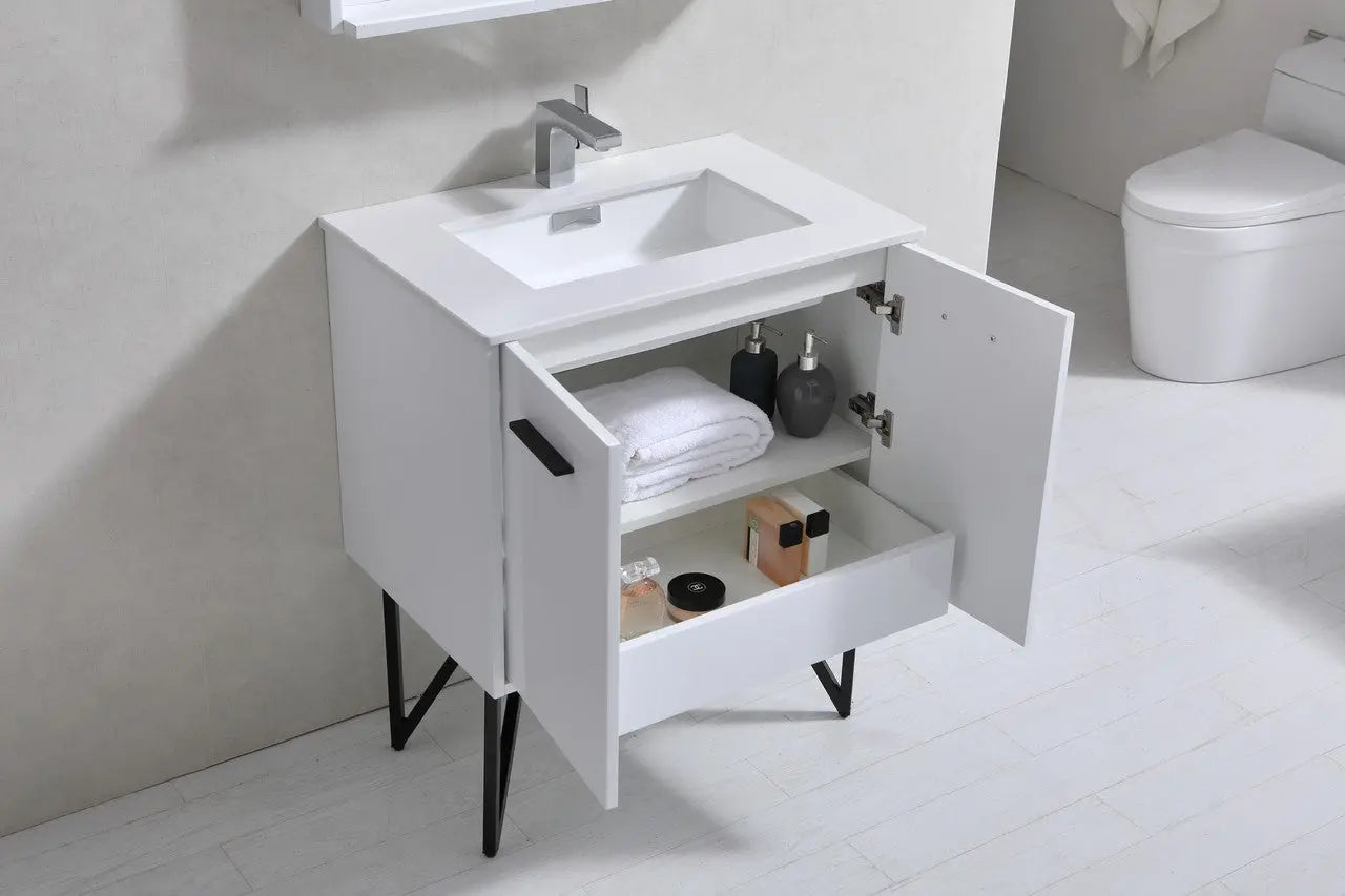 KubeBath Bosco 30″ High Gloss White Modern Bathroom Vanity W/ White Countertop - Plumbing Market