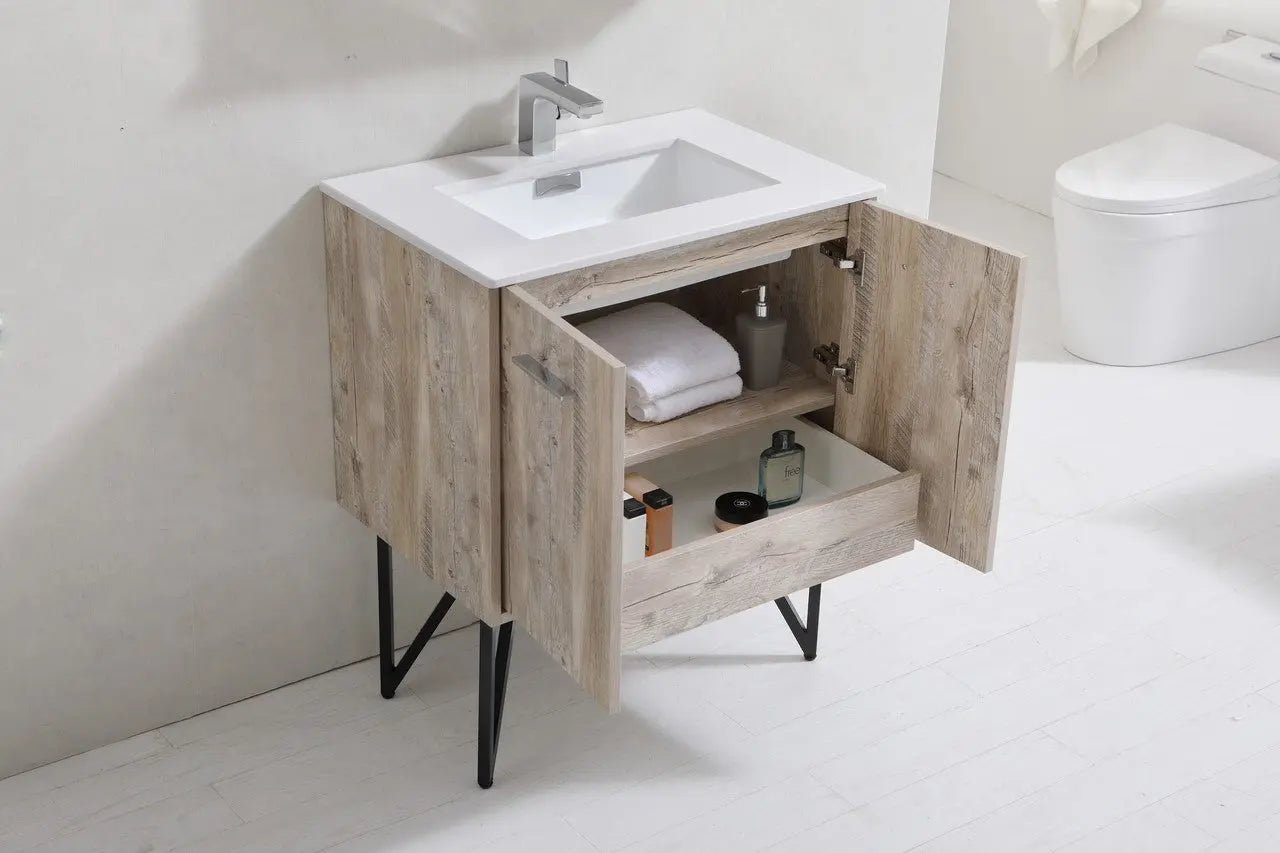 KubeBath Bosco 30″ Modern Nature Wood Bathroom Vanity W/ Cream Countertop - Plumbing Market