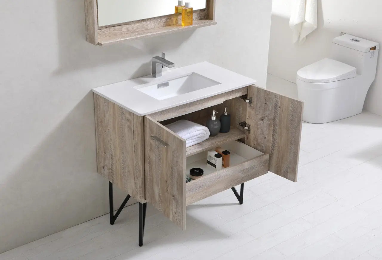 KubeBath Bosco 36″ Modern Nature Wood Bathroom Vanity W/ White Countertop - Plumbing Market