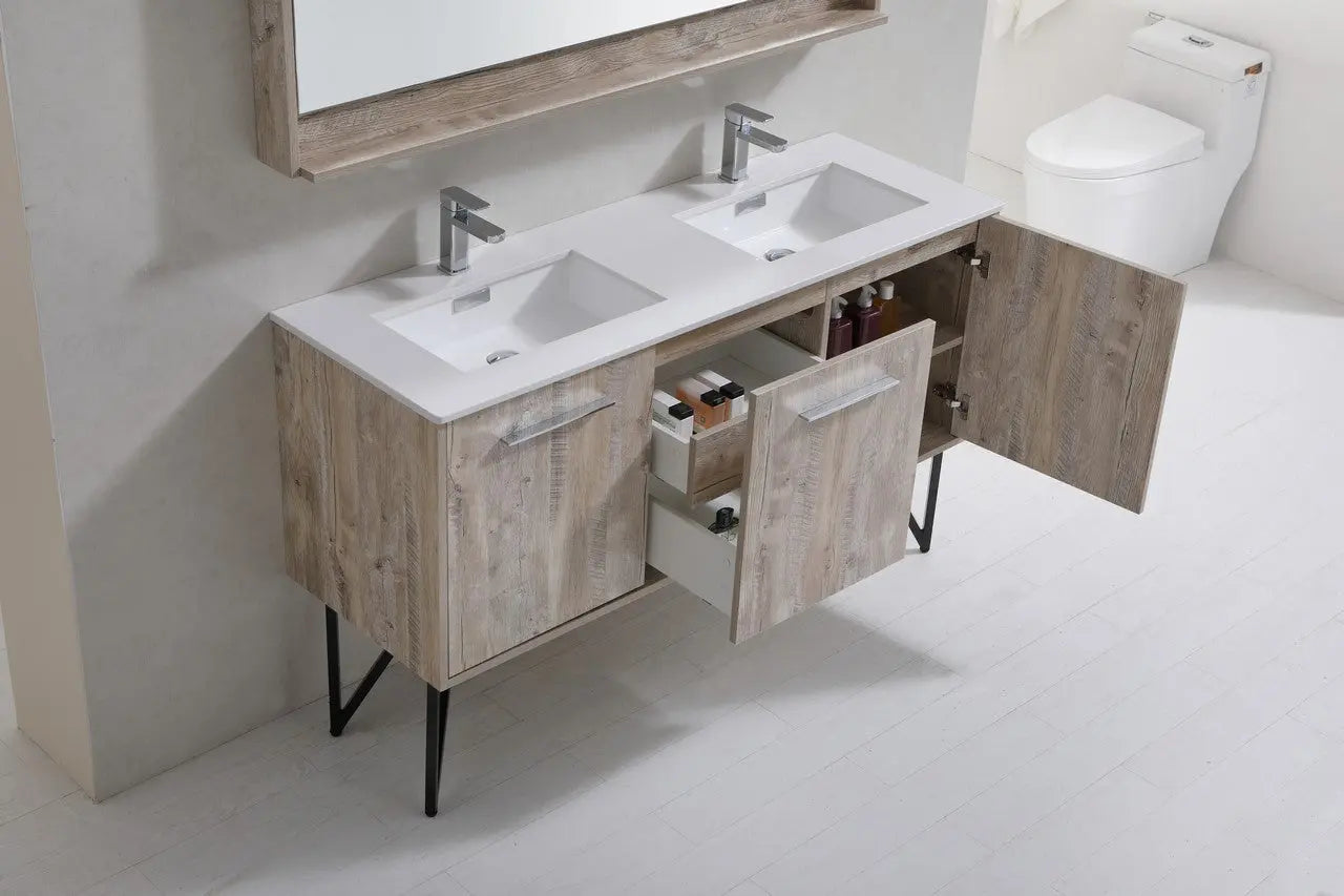 KubeBath Bosco 60″ Nature Wood Modern Bathroom Vanity W/ White Countertop - Plumbing Market