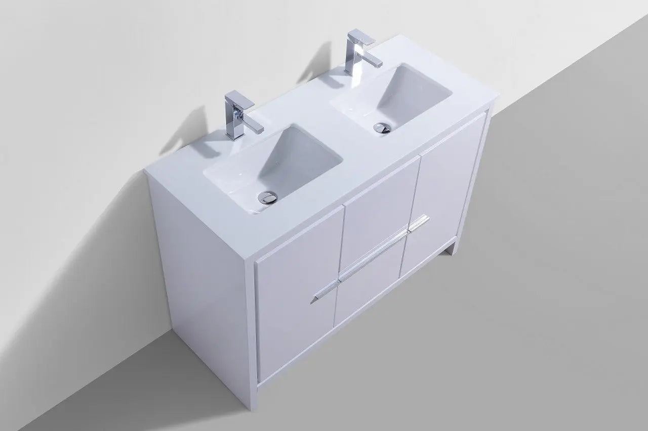 KubeBath Dolce 48″ Double Sink High Gloss White Modern Bathroom Vanity With Quartz Countertop - Plumbing Market