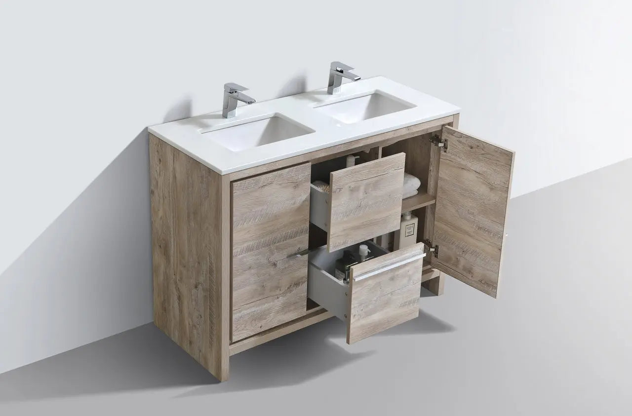KubeBath Dolce 48″ Double Sink Nature Wood Modern Bathroom Vanity With Quartz Countertop - Plumbing Market