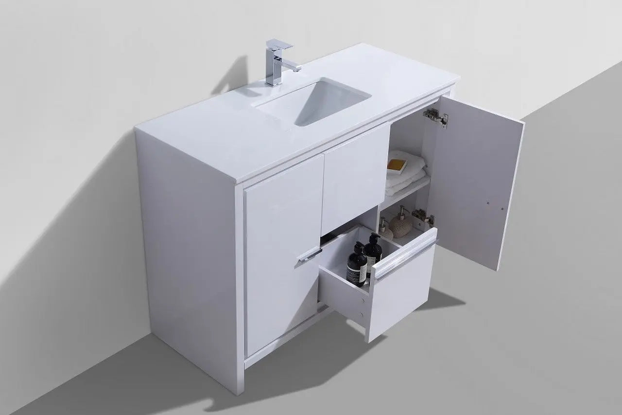 KubeBath Dolce 48″ High Gloss White Single Sink Modern Bathroom Vanity With Quartz Countertop - Plumbing Market