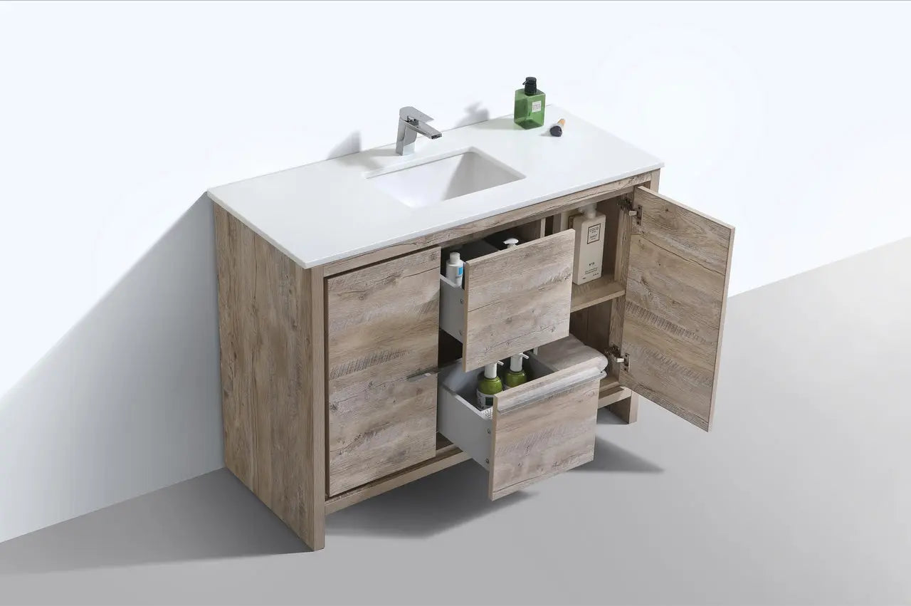 KubeBath Dolce 48″ Nature Wood Single Sink Modern Bathroom Vanity With Quartz Countertop - Plumbing Market