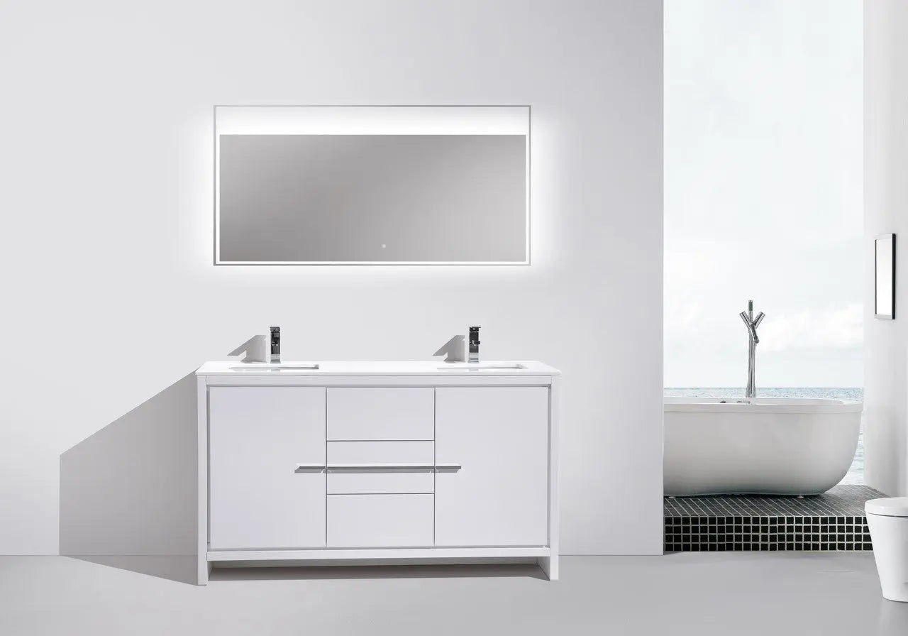 KubeBath Dolce 60″ Double Sink High Gloss White Modern Bathroom Vanity With Quartz Countertop - Plumbing Market