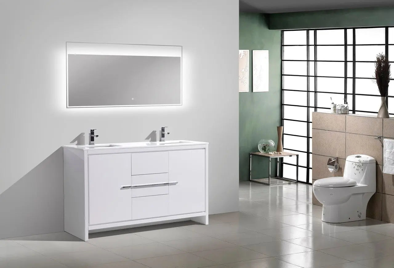 KubeBath Dolce 60″ Double Sink High Gloss White Modern Bathroom Vanity With Quartz Countertop - Plumbing Market