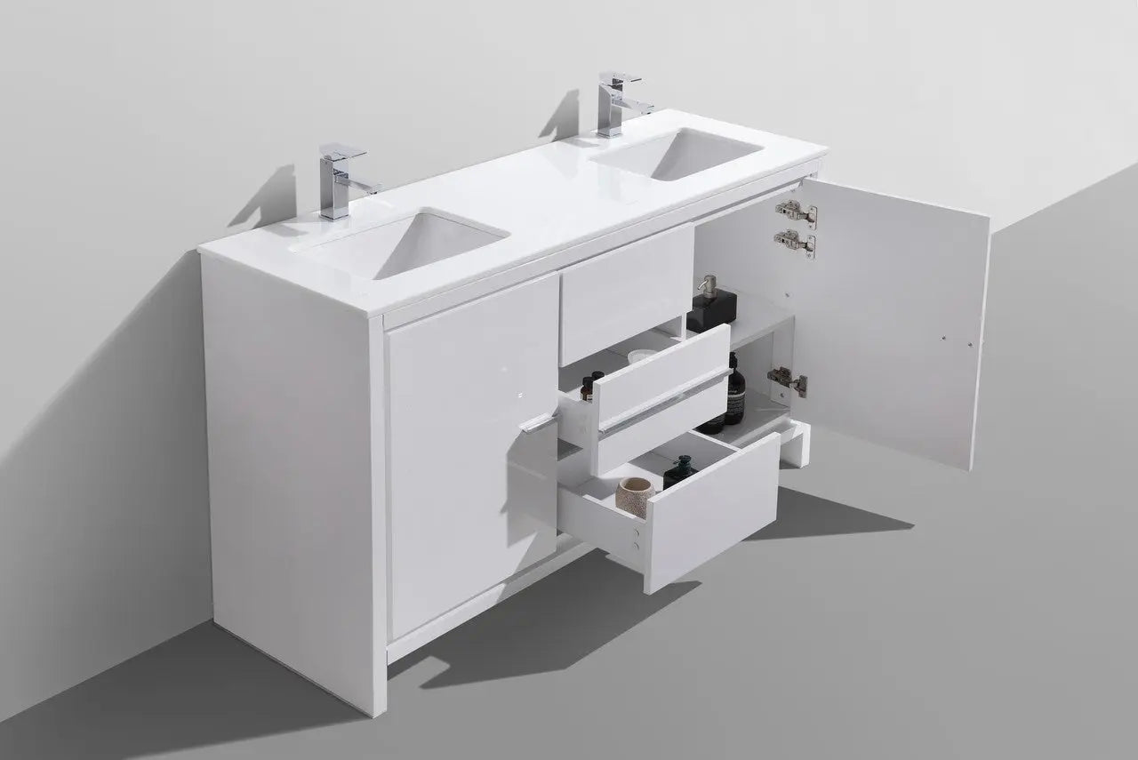 KubeBath Dolce 60″ Double Sink High Gloss White Modern Bathroom Vanity With Quartz Countertop - Plumbing Market