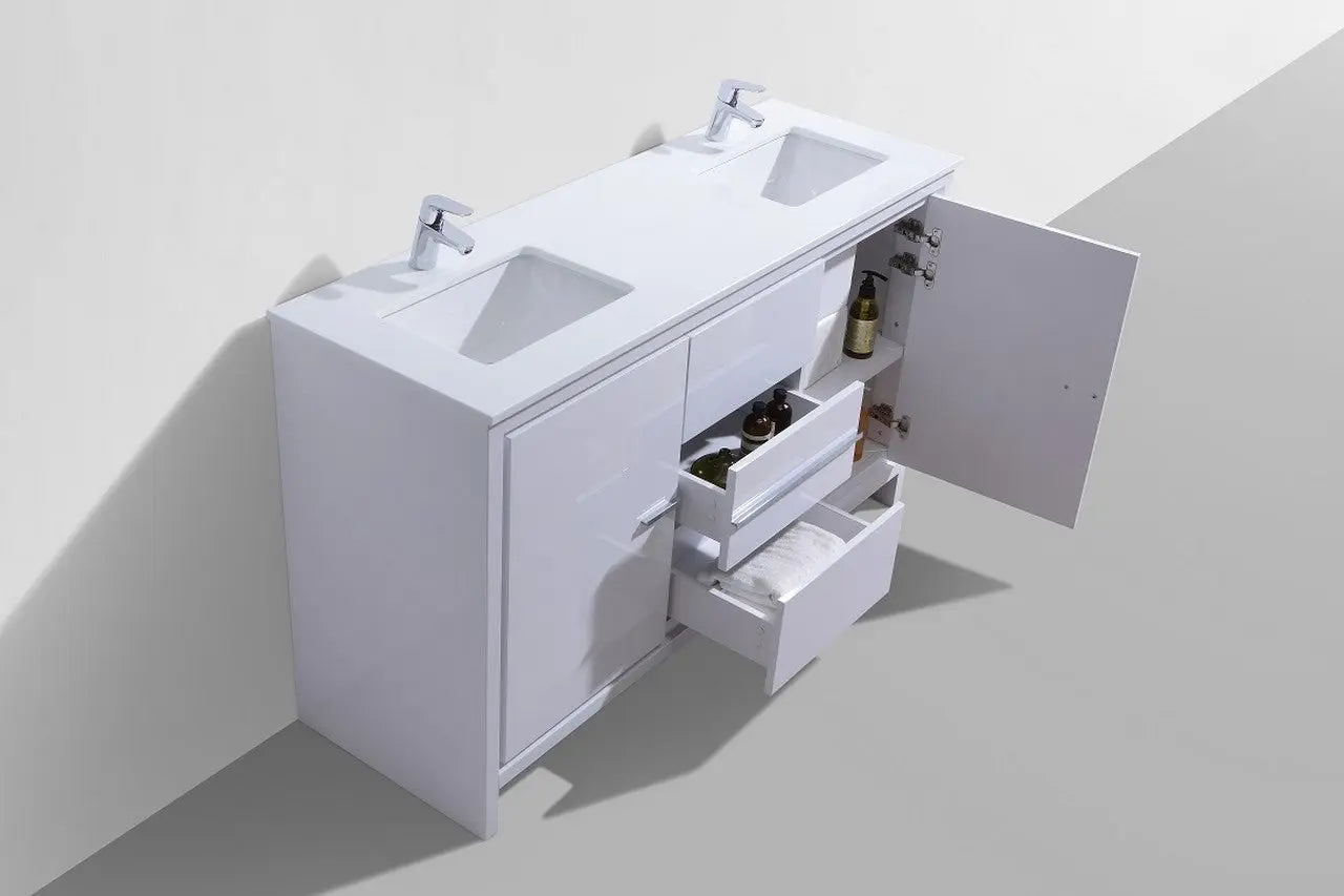 KubeBath Dolce 60″ Double Sink High Gloss White Modern Bathroom Vanity With Quartz Countertop - Plumbing Market