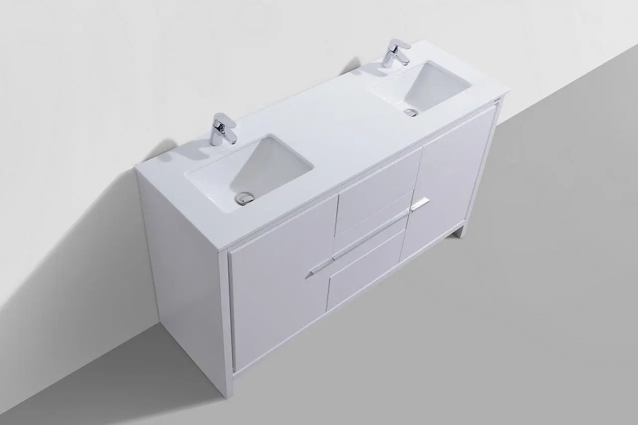 KubeBath Dolce 60″ Double Sink High Gloss White Modern Bathroom Vanity With Quartz Countertop - Plumbing Market