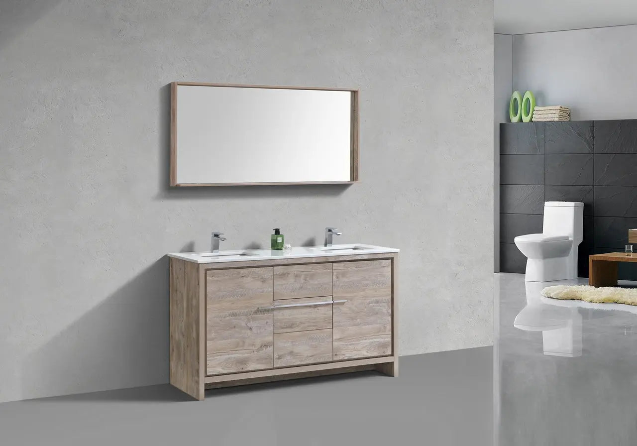 KubeBath Dolce 60″ Double Sink Nature Wood Modern Bathroom Vanity With Quartz Countertop - Plumbing Market