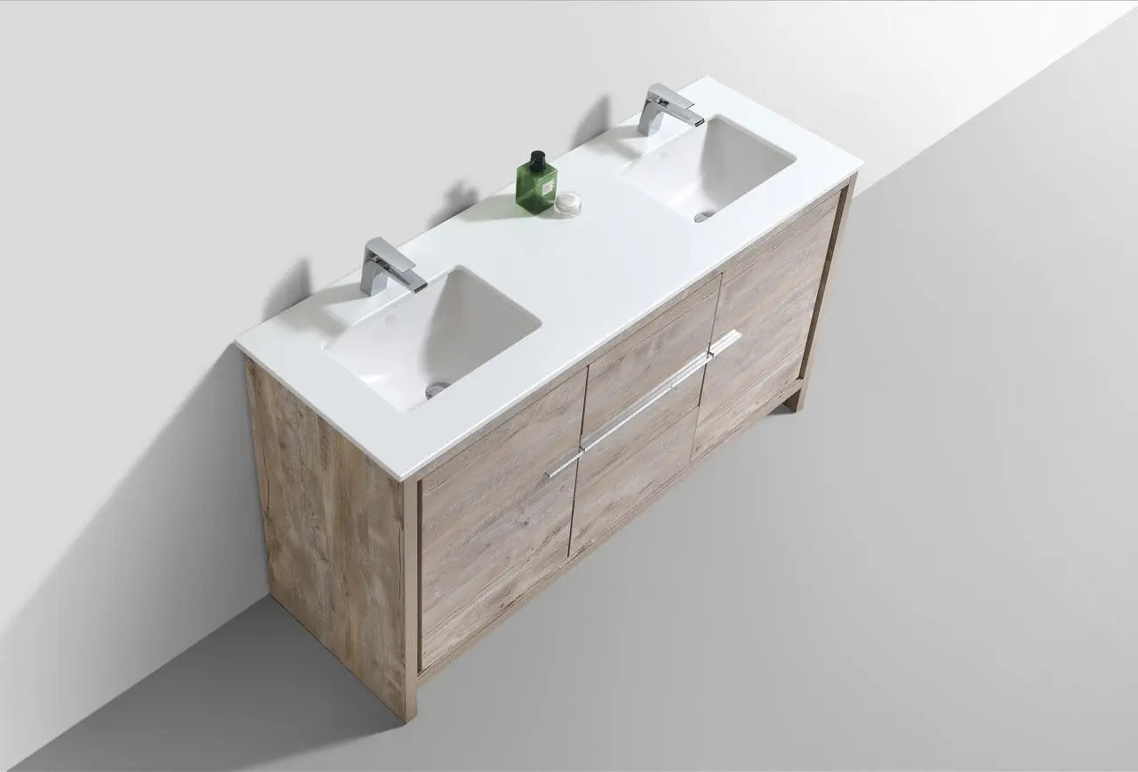 KubeBath Dolce 60″ Double Sink Nature Wood Modern Bathroom Vanity With Quartz Countertop - Plumbing Market
