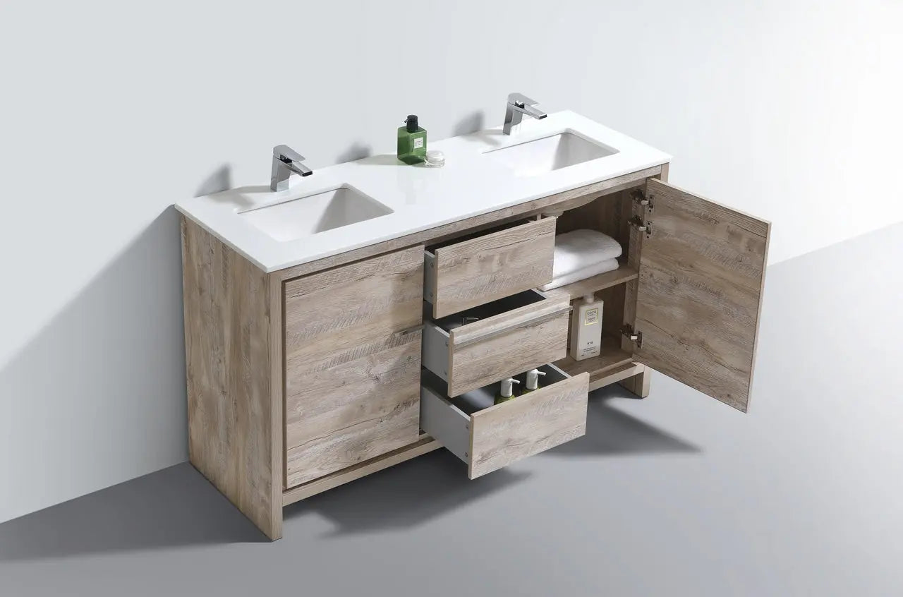 KubeBath Dolce 60″ Double Sink Nature Wood Modern Bathroom Vanity With Quartz Countertop - Plumbing Market