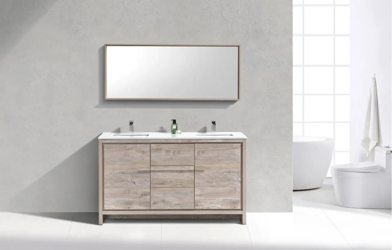 KubeBath Dolce 60″ Double Sink Nature Wood Modern Bathroom Vanity With Quartz Countertop - Plumbing Market