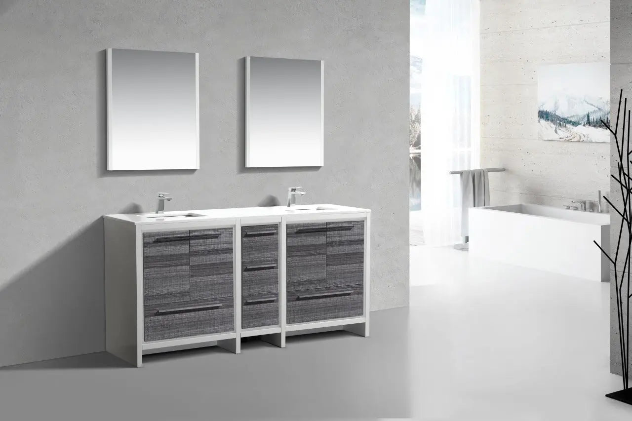 KubeBath Dolce 72″ Gloss Ash Gray Double Sink Modern Bathroom Vanity With Quartz Countertop - Plumbing Market