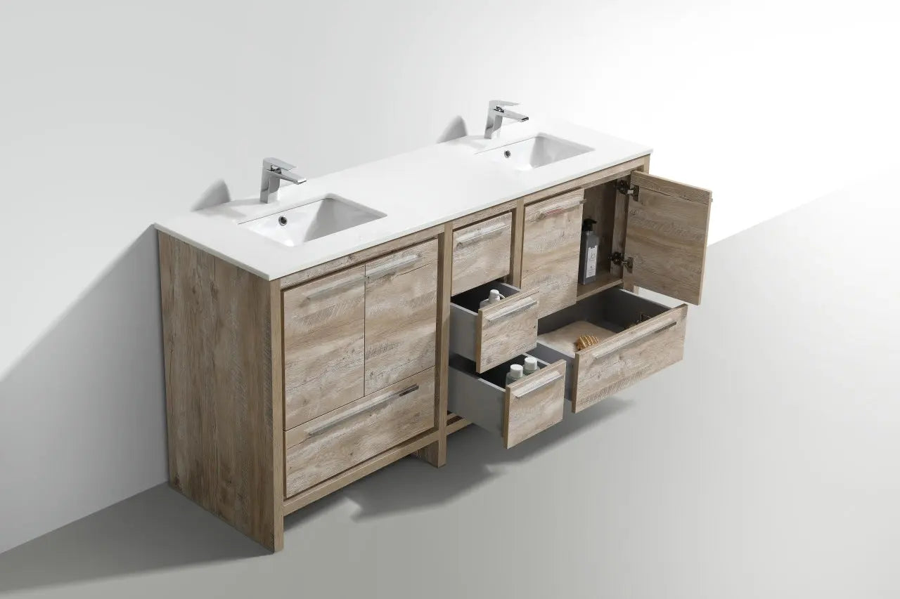 KubeBath Dolce 72″ Nature Wood Double Sink Modern Bathroom Vanity With Quartz Countertop - Plumbing Market