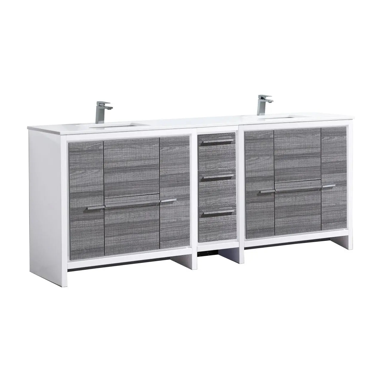 KubeBath Dolce 84″ Gloss Ash Gray Double Sink Modern Bathroom Vanity With Quartz Countertop - Plumbing Market