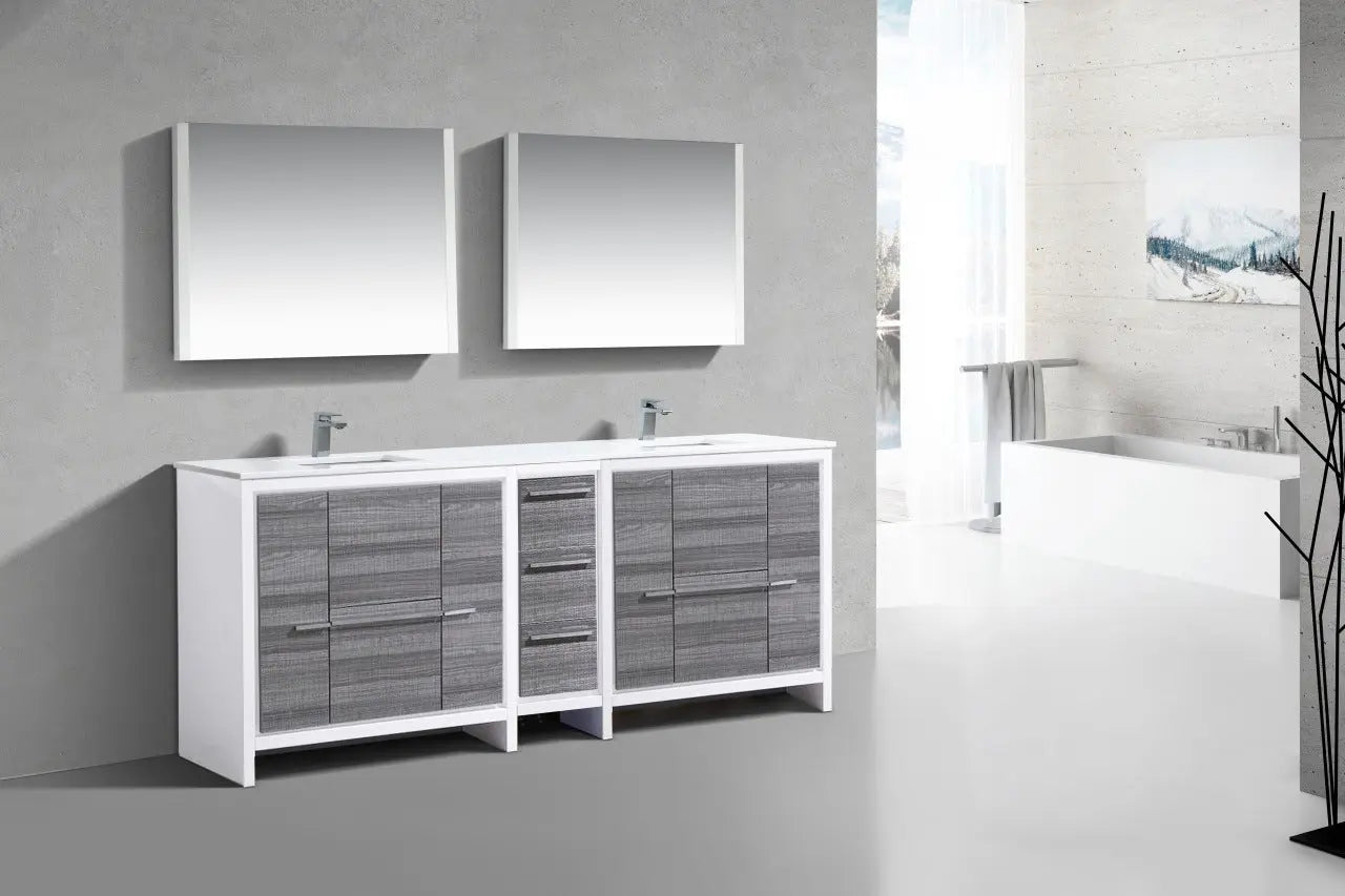 KubeBath Dolce 84″ Gloss Ash Gray Double Sink Modern Bathroom Vanity With Quartz Countertop - Plumbing Market