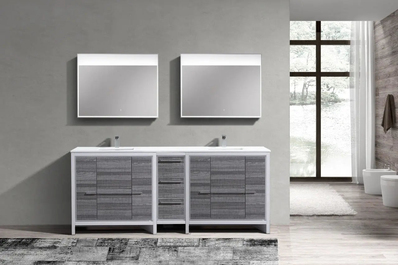 KubeBath Dolce 84″ Gloss Ash Gray Double Sink Modern Bathroom Vanity With Quartz Countertop - Plumbing Market