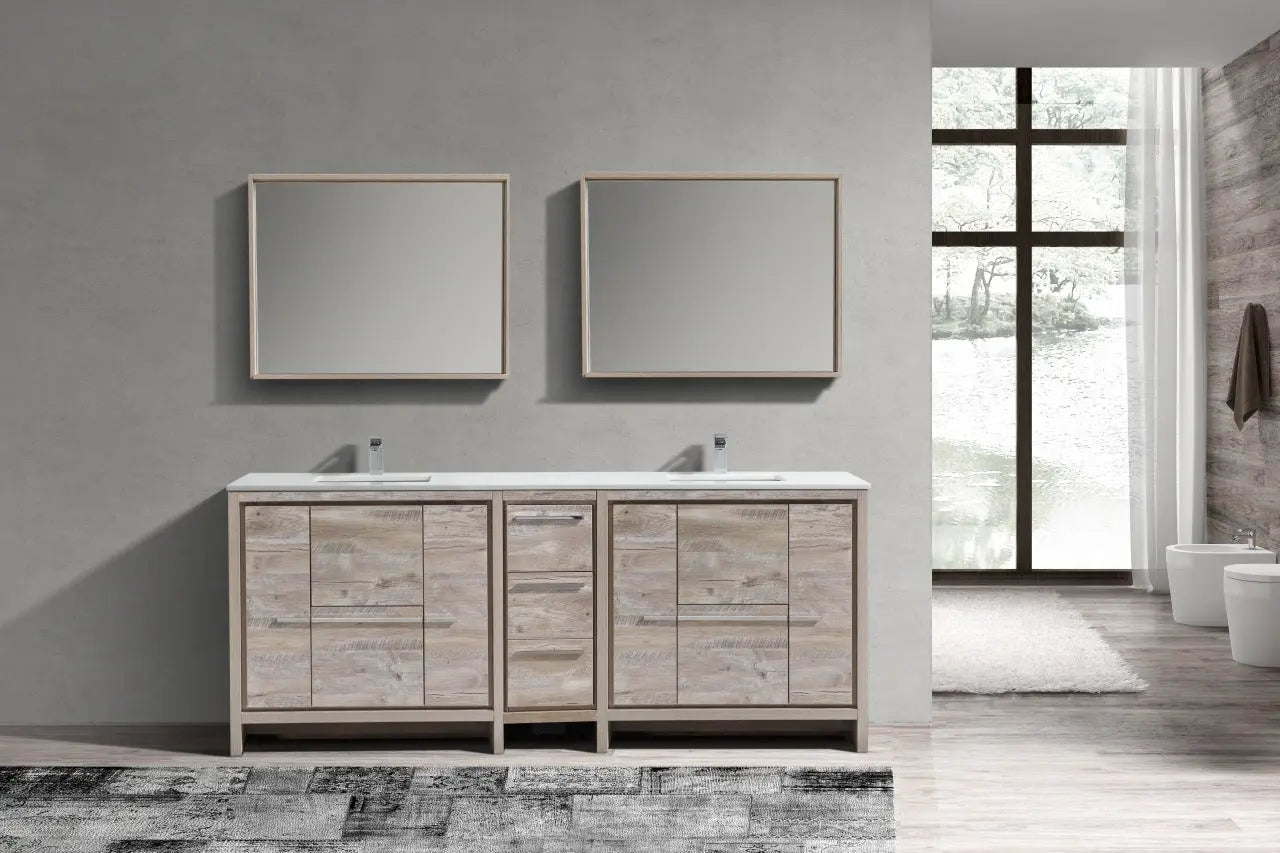 KubeBath Dolce 84″ Nature Wood Double Sink Modern Bathroom Vanity With Quartz Countertop - Plumbing Market