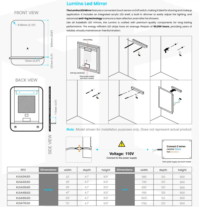 Kubebath Lumino 48” LED Mirror with LED Acrylic Shelf