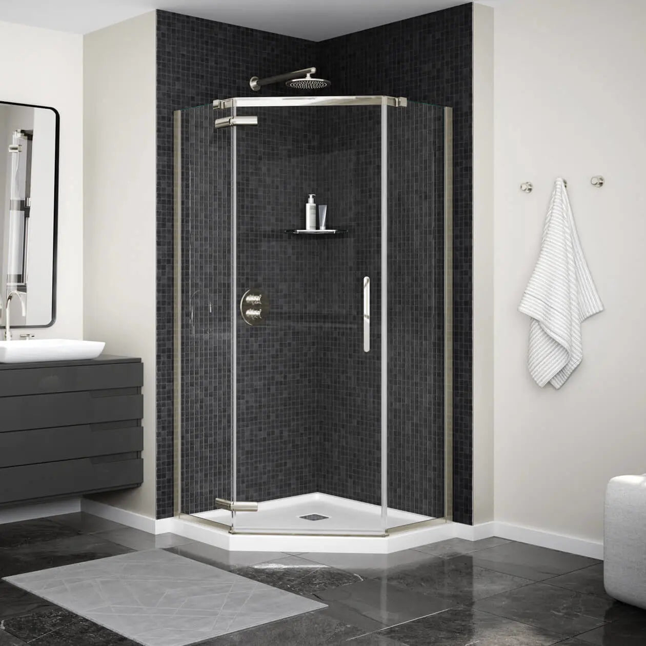 Link Curve Neo-angle 38 x 38 x 75 in. 8mm Pivot Shower Door for Corner Installation with Clear glass in Brushed Nickel - Plumbing Market
