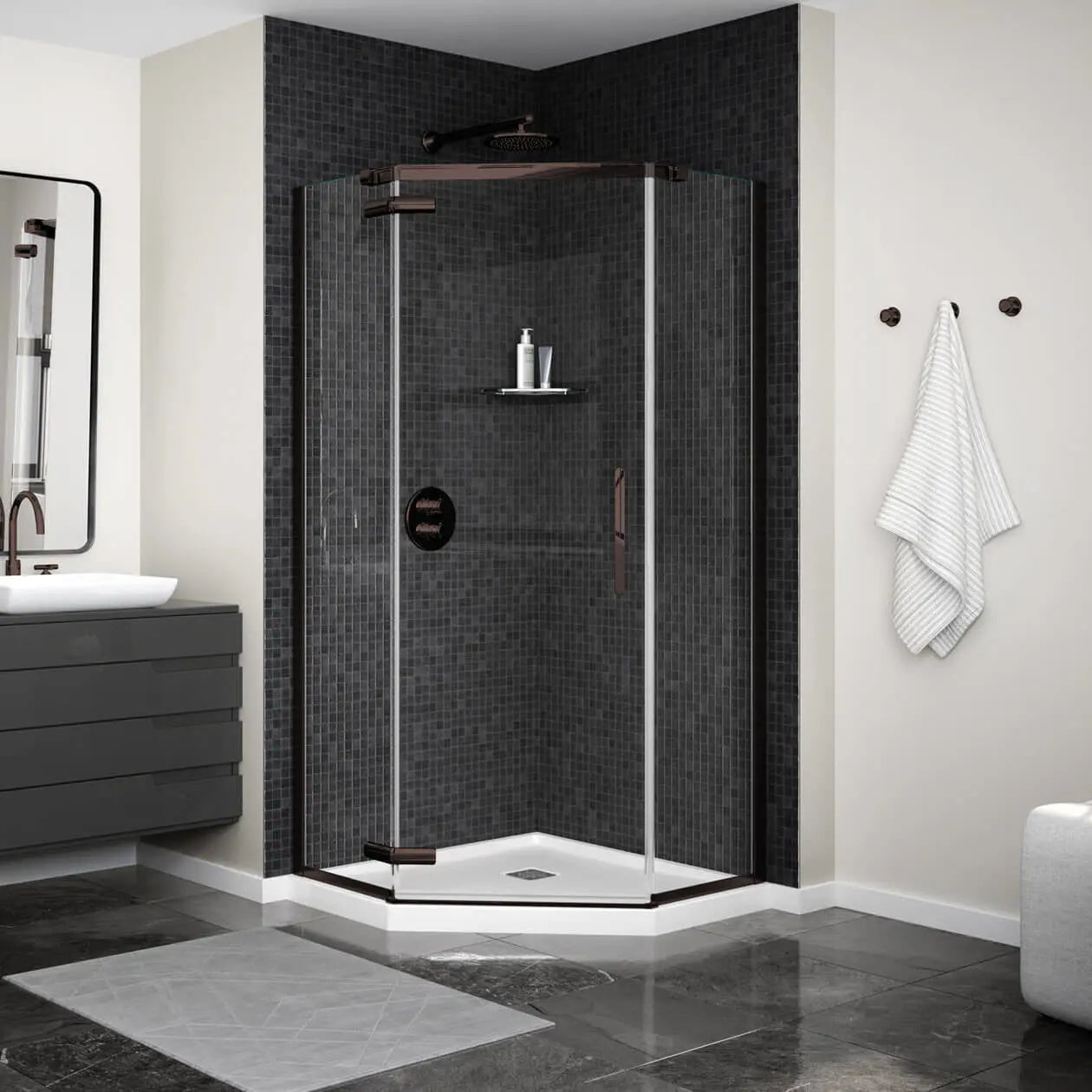 Link Curve Neo-angle 40 x 40 x 75 in. 8mm Pivot Shower Door for Corner Installation with Clear glass in Dark Bronze - Plumbing Market