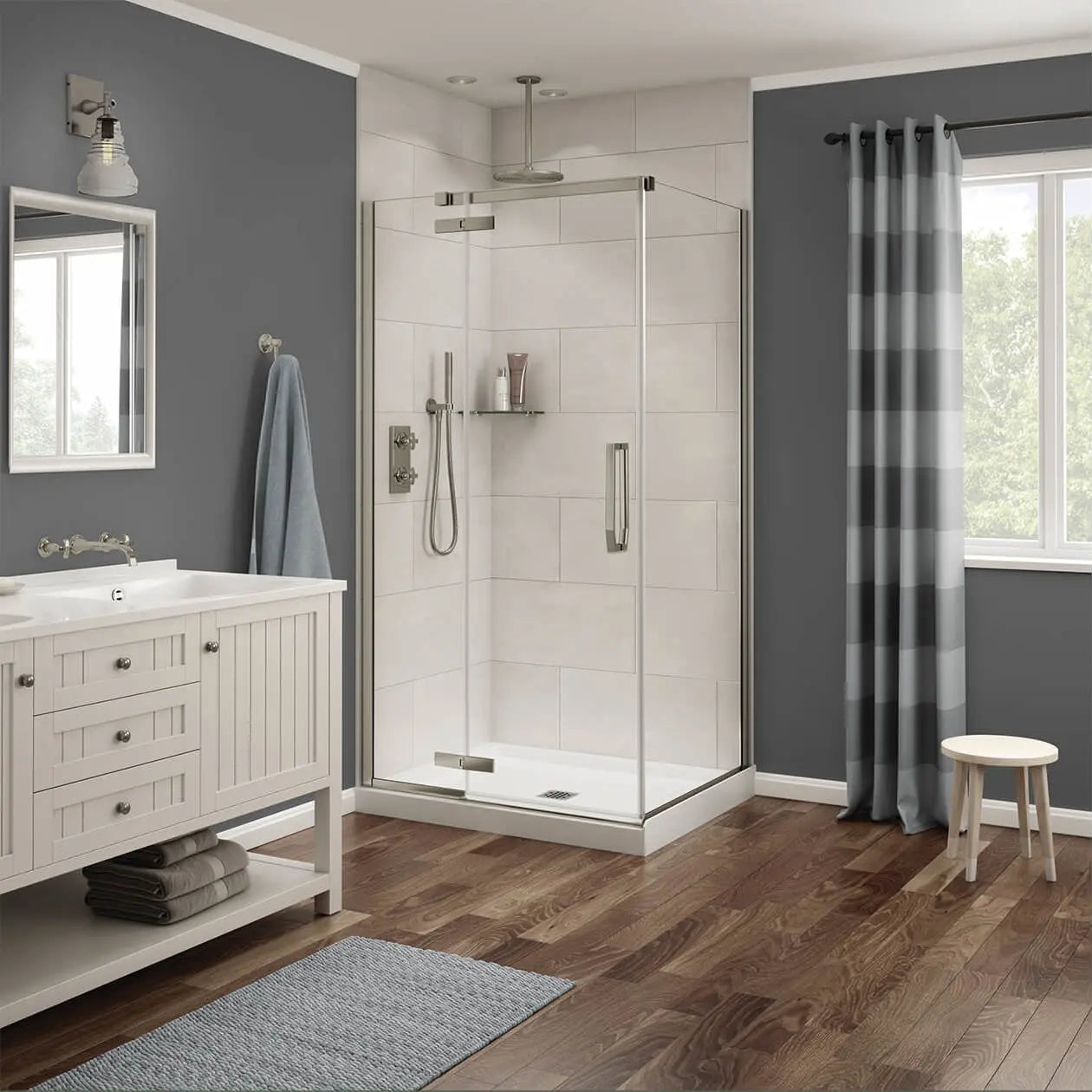 Link Rectangular 42 x 34 x 75 in. 8mm Pivot Shower Door for Corner Installation with Clear glass in Brushed Nickel - Plumbing Market