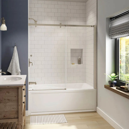 Luminescence 56 ½-59 x 55 ½-57 ½ in. 6 mm Sliding Tub Door for Alcove Installation with Clear glass in Brushed Nickel - Plumbing Market