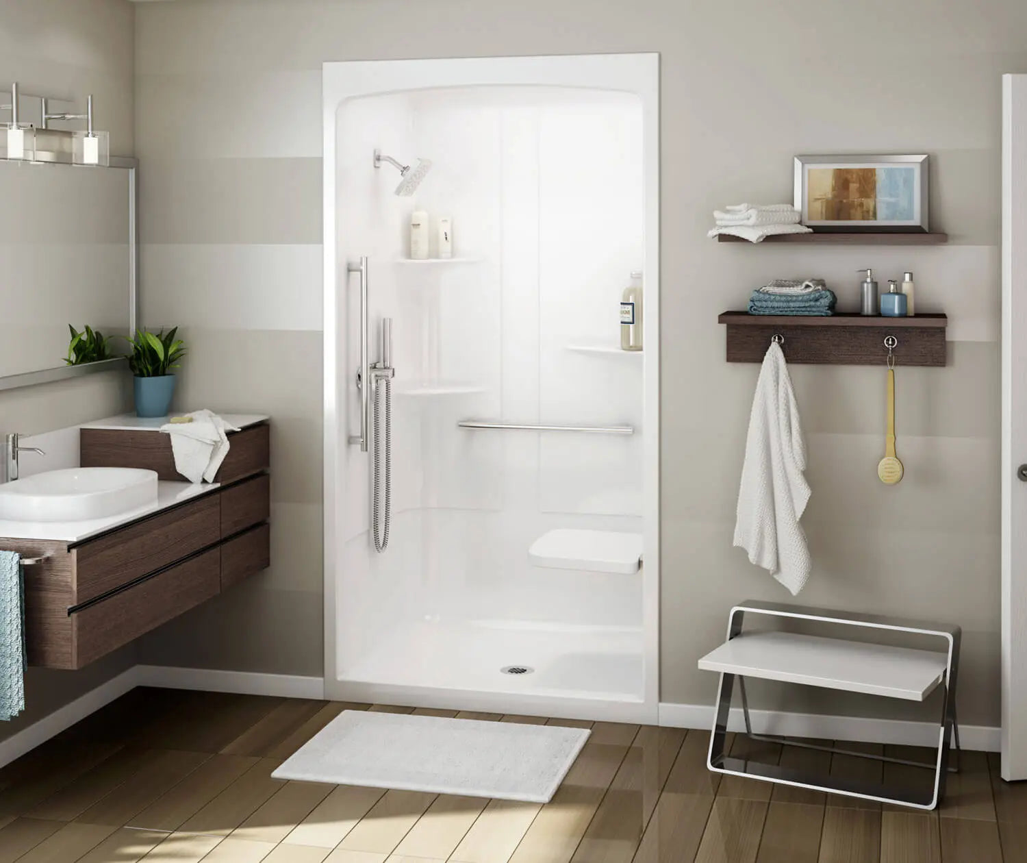 MAAX ALLIA SHR-4834 Acrylic Alcove Center Drain One-Piece Shower in White With Left Seat - Plumbing Market
