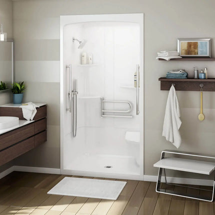 MAAX ALLIA SHR-4834 Acrylic Alcove Center Drain One-Piece Shower in White With Right Seat - Plumbing Market