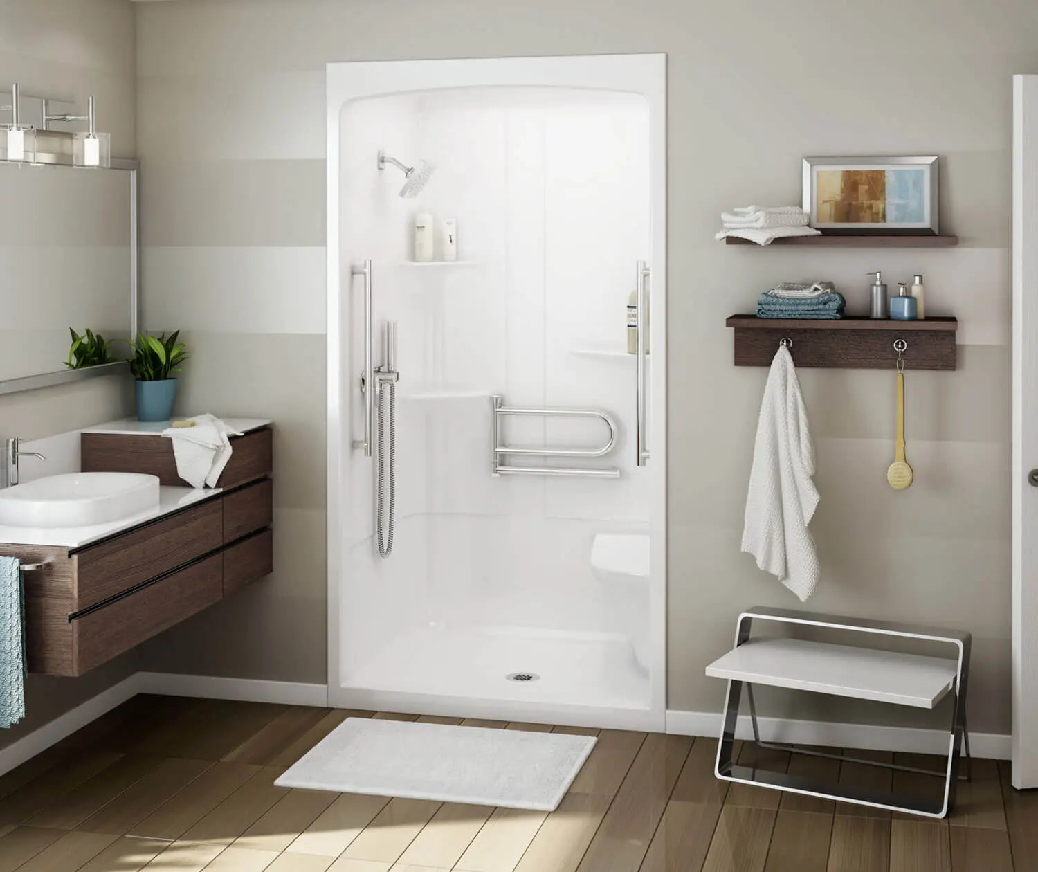 MAAX ALLIA SHR-4834 Acrylic Alcove Center Drain One-Piece Shower in White With Right Seat - Plumbing Market