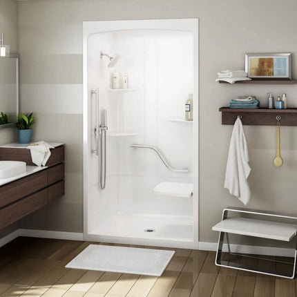 MAAX ALLIA SHR-4834 Acrylic Alcove Center Drain One-Piece Shower in White With Right Seat - Plumbing Market