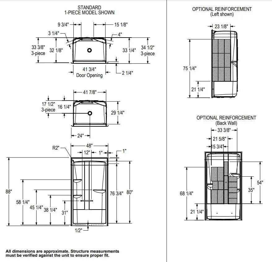 MAAX ALLIA SHR-4834 Acrylic Alcove Center Drain One-Piece Shower in White With Right Seat - Plumbing Market