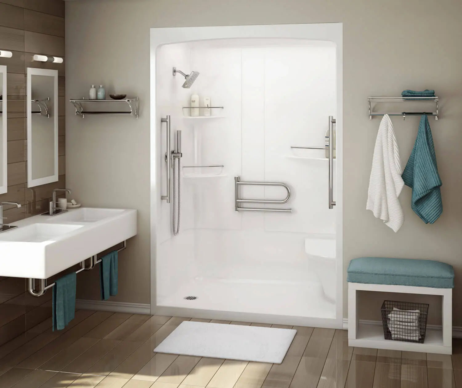 MAAX ALLIA SHR-6034 Acrylic Alcove Right-Hand Drain One-Piece Shower in White With S Grab Bar - Plumbing Market