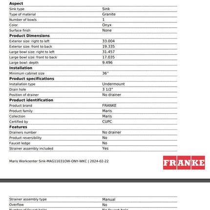 Franke Maris 33-in. x 19.3-in Granite Undermount Single Bowl Workcenter Kitchen Sink Stone Grey Franke