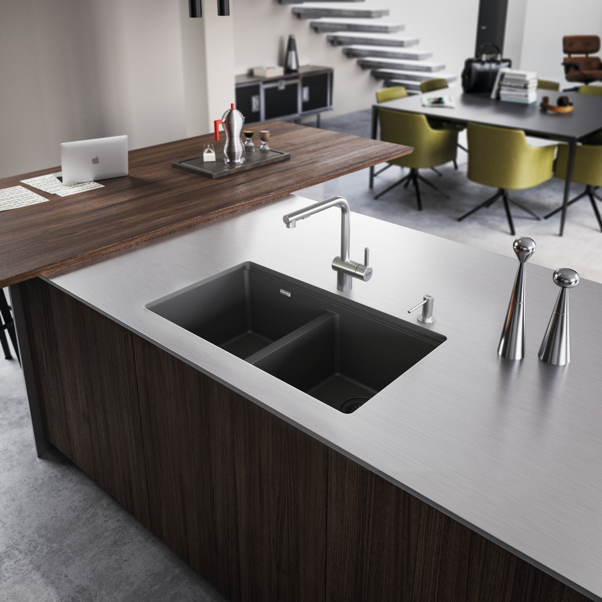 Franke Maris 31" undermount double bowl Fragranite kitchen sink MAG1201414 installed in Slate Grey