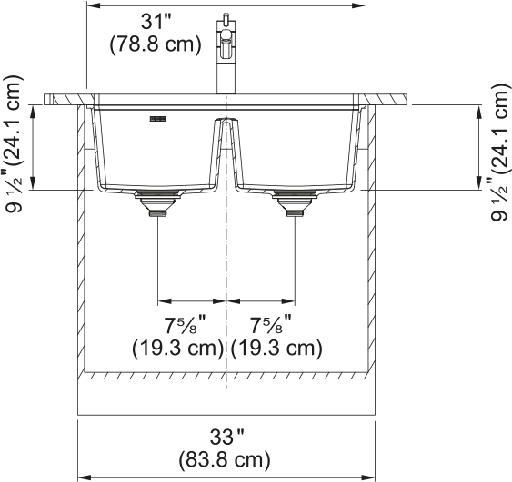 Franke Maris 31" undermount double bowl Fragranite kitchen sink MAG1201414 dimension drawing