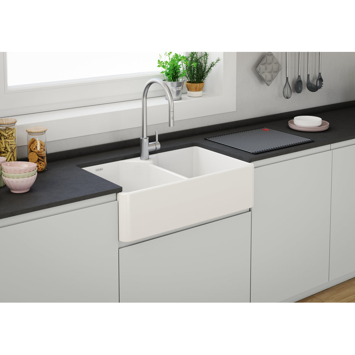Franke Manor House 2.0 31.25" fireclay apron front double bowl kitchen sink glossy white MH2K7201414-GWH installed