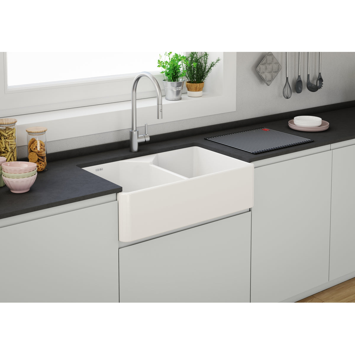 Franke Manor House 2.0 31.25" fireclay apron front double bowl kitchen sink glossy white MH2K7201414-GWH installed