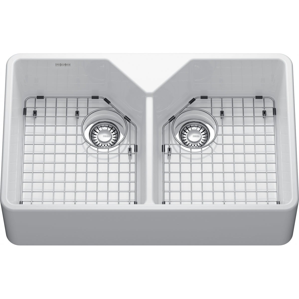 Franke Manor House 2.0 31.25" fireclay apron front double bowl kitchen sink glossy white MH2K7201414-GWH with bottom grids
