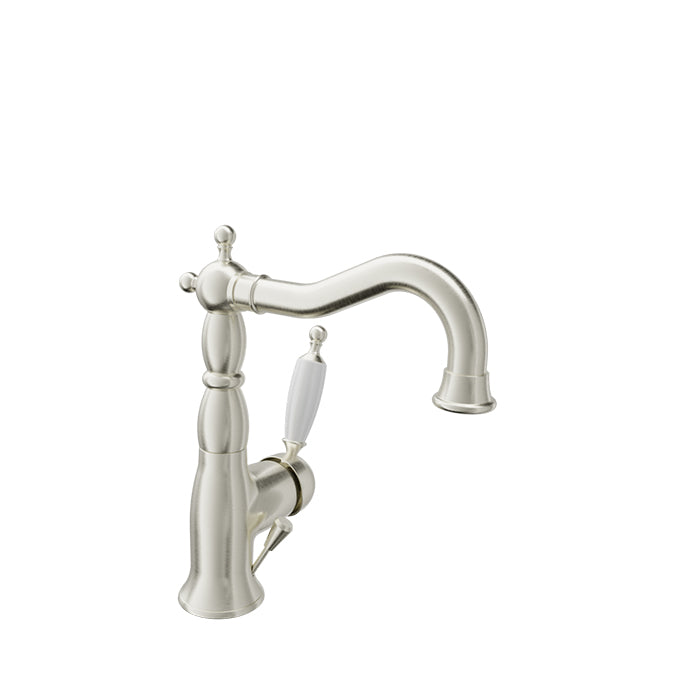 Baril VICTOIRE B74 Antique Style Single-Hole Lavatory Faucet, Drain Included MON-2600-00L in Brushed Nickel / White