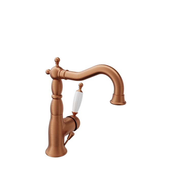 Baril VICTOIRE B74 Antique Style Single-Hole Lavatory Faucet, Drain Included MON-2600-00L in Satin Copper / White