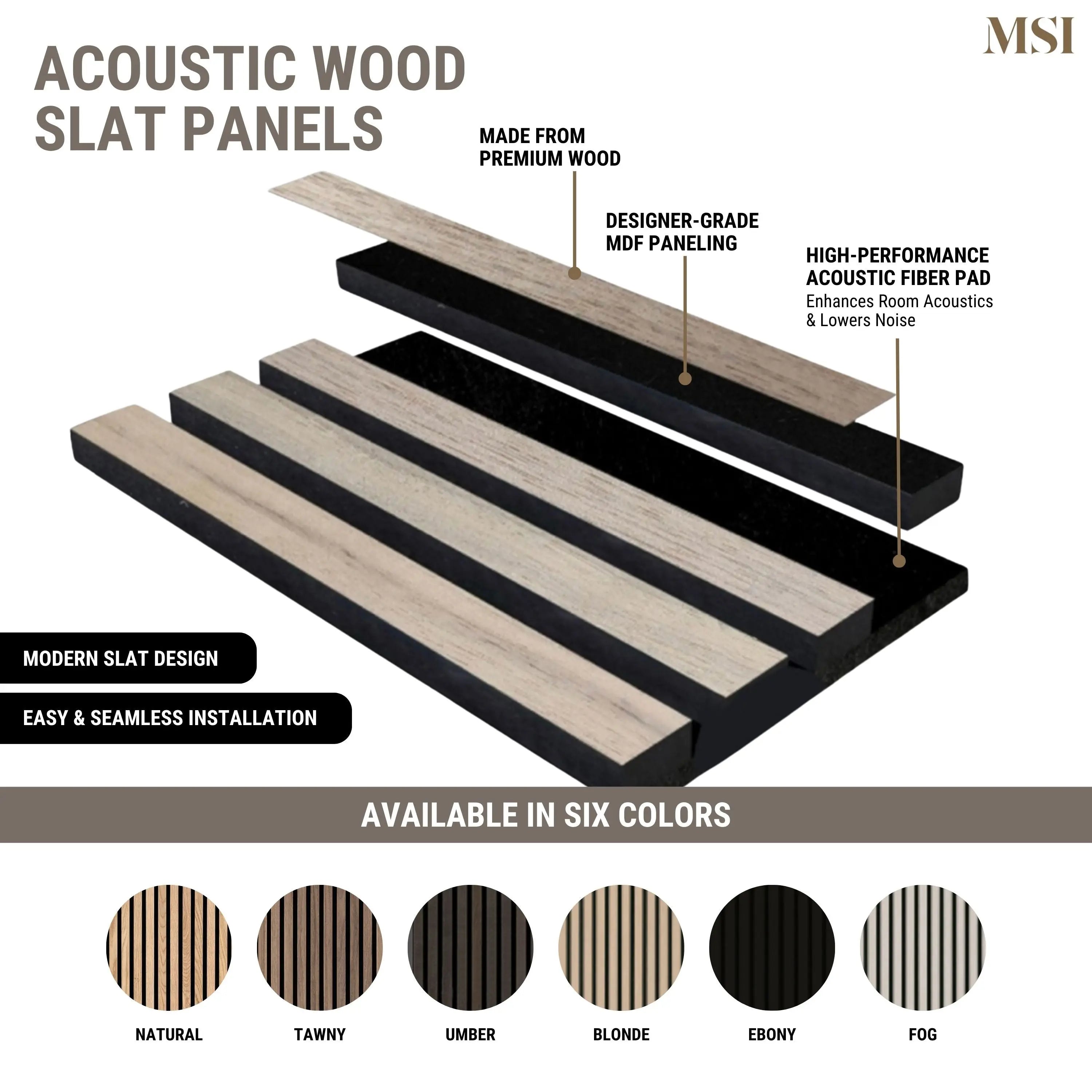 MSI Surfaces Natural Acoustic Fluted Wood Slat Wall Panels 9.5 x 120