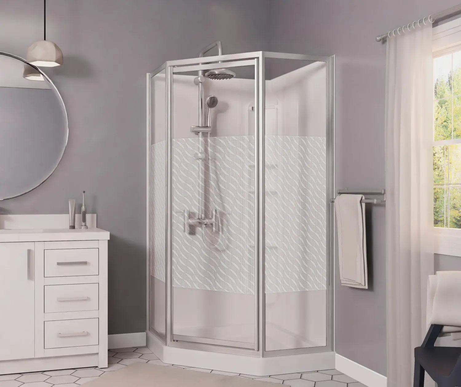 Maax 38 Himalaya 38 x 38 Polystyrene Center Drain Shower Kit in White with Design 47 glass  in Chrome 101694-000-129-107 - Plumbing Market
