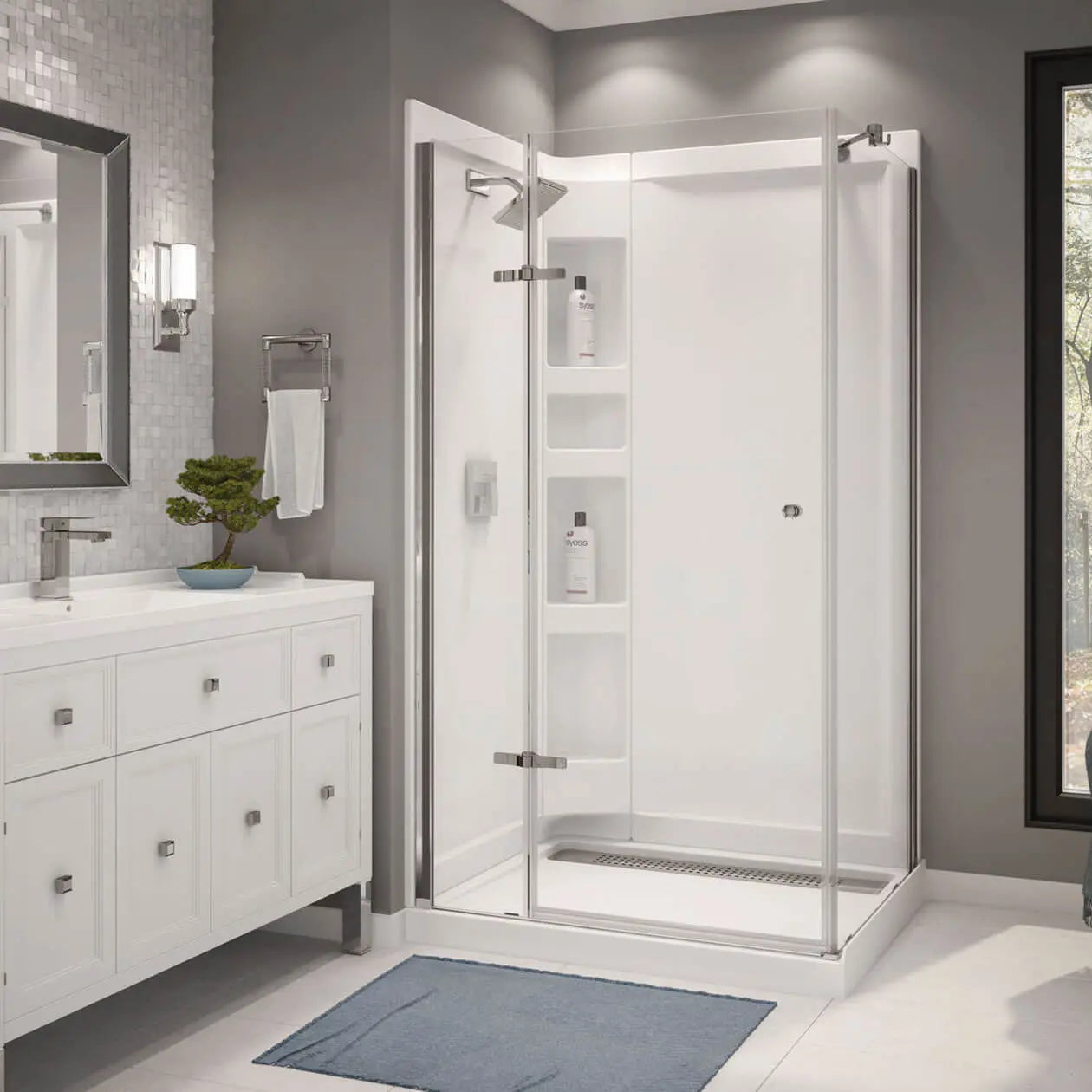 Maax Athena 34 x 42 Acrylic Center Drain Shower Kit in White with Clear glass  in Chrome 300008-900-084-000 - Plumbing Market