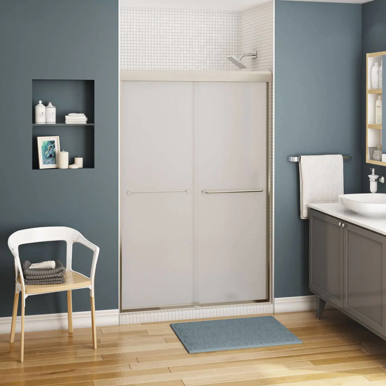 Maax Aura 43-47 x 71 in. 6 mm Bypass Shower Door for Alcove Installation with Frosted glass in Brushed Nickel 135663-978-305-000 - Plumbing Market