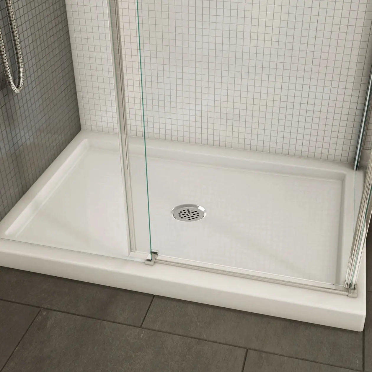 Maax B3Round 4836 Acrylic Corner Left Shower Base in White with Center Drain 410003-502-001-000 - Plumbing Market