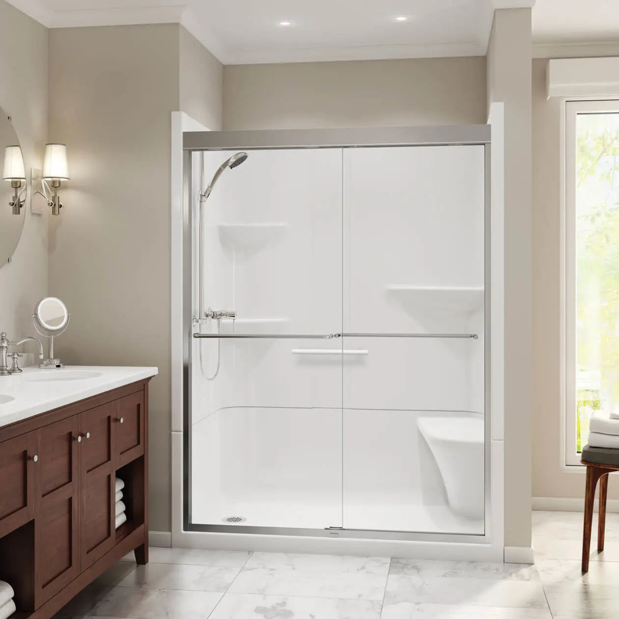 Maax Camelia SH-6034 Acrylic Alcove Center Drain Two-Piece Shower in White 105921-000-001-174 - Plumbing Market
