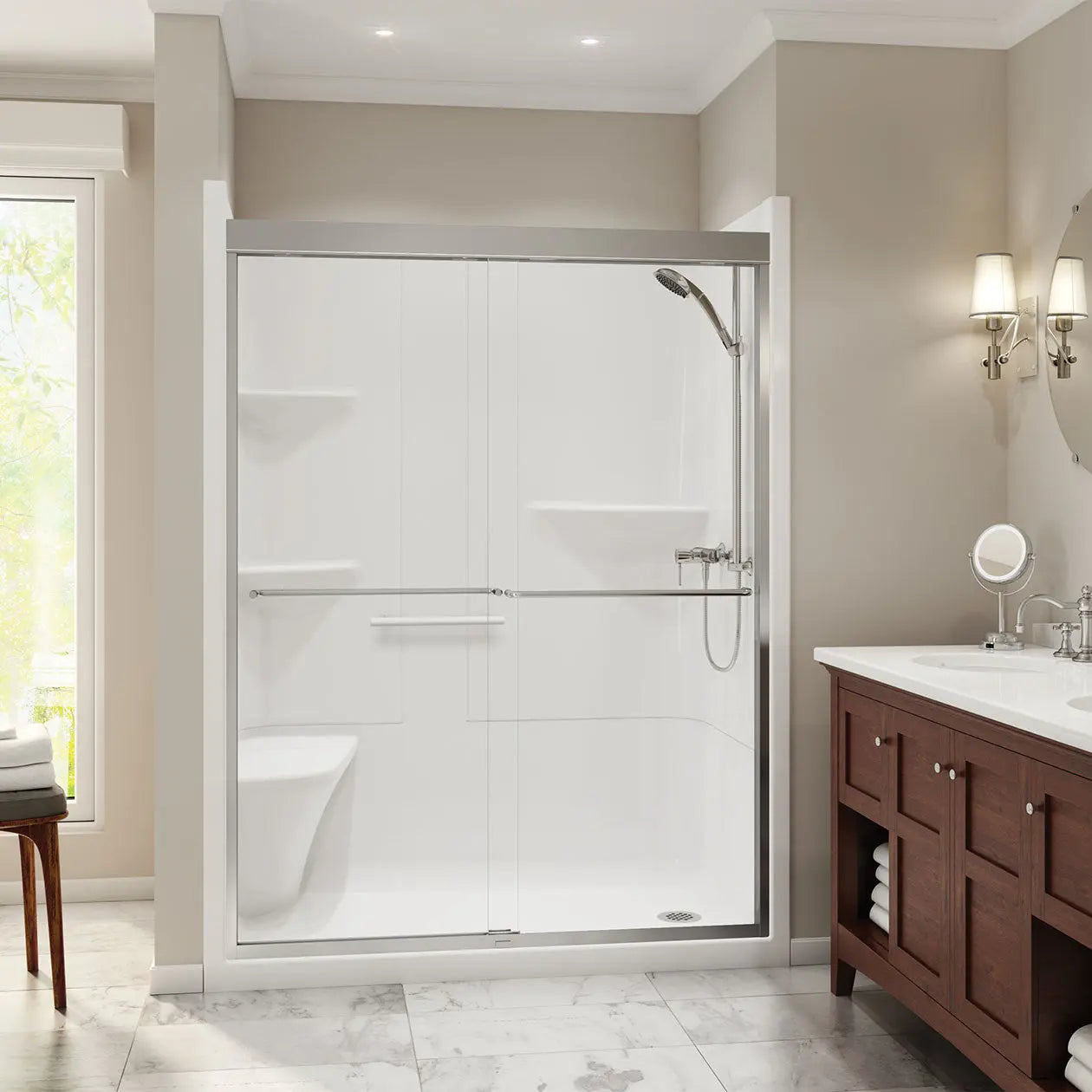 Maax Camelia SH-6034 Acrylic Alcove Left-Hand Drain One-Piece Shower in White 105921-NL-000-001 - Plumbing Market